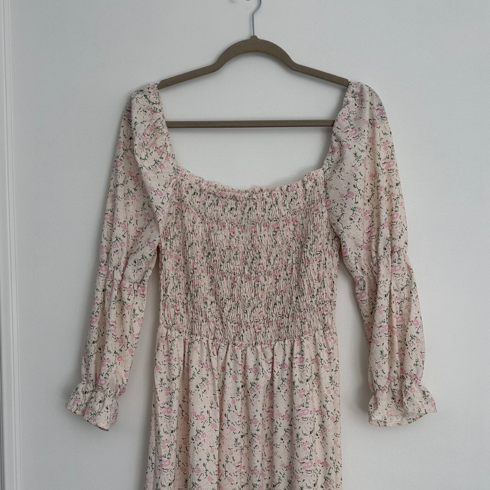 Smocked Floral Square-Neck Midi Dress - Pink